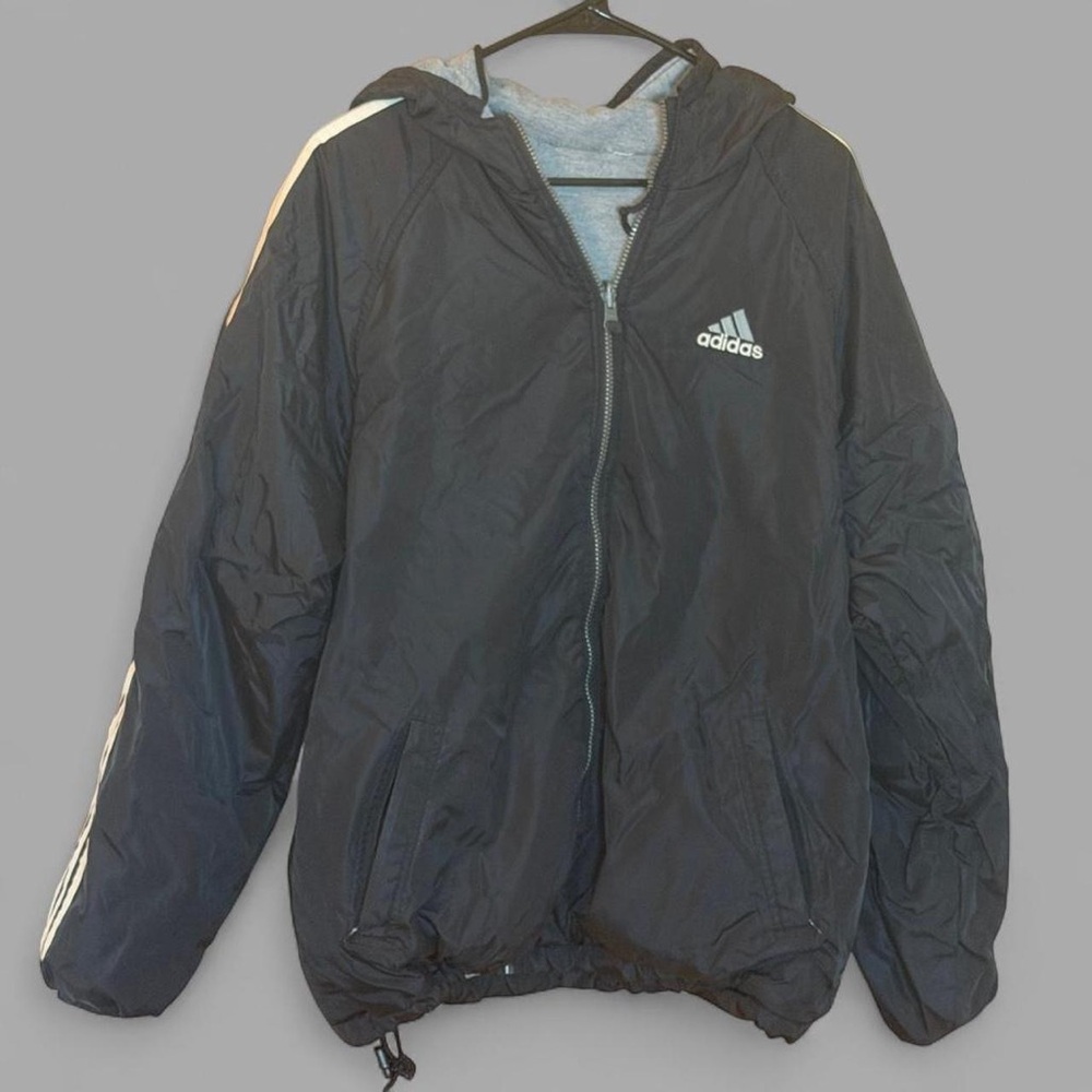Vintage Adidas Men's Zip-Up hooded reversible Coat Jacket in Gray Black XL